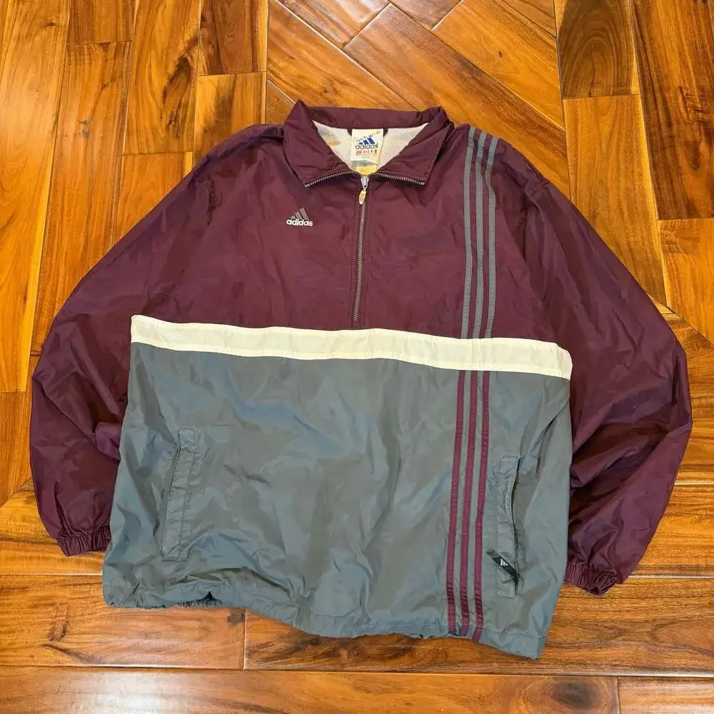 Vintage Adidas 90s Quarter Zip Pullover Windbreaker Jacket Burgundy and Grey